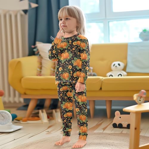 Pajama Sets Long Sleeve Pumpkin Floral Black Background Soft Comfy Sleepwear 2 Piece PJS 3-8T 5