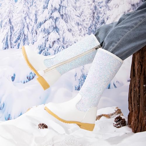 Rhinestone Sparkly Girls Cowboy Boots Kids Fleece Plush Pointed Toe Low Heel Mid Calf Zipper Winter Warm Shoes2