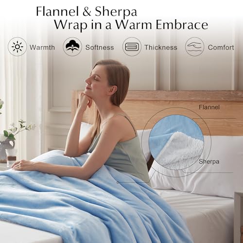 Electric Heated Blanket Throw Size, Soft and Cozy Thickened Flannel and Sherpa Electric Blanket for Bed, Automatic Safety System 6 Heating Levels & 10 Hours Auto-Off, 50"x60" Ice Blue