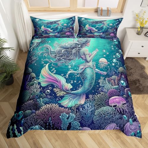 jejeloiu Kids Mermaid Bedding Set Toddler Size Princess Decor Duvet Cover for Boys Girls Teens Ocean Life Sea Animal Comforter Cover Dreamy Sea Underwater World Bedclothes Breathable Soft 2Pcs