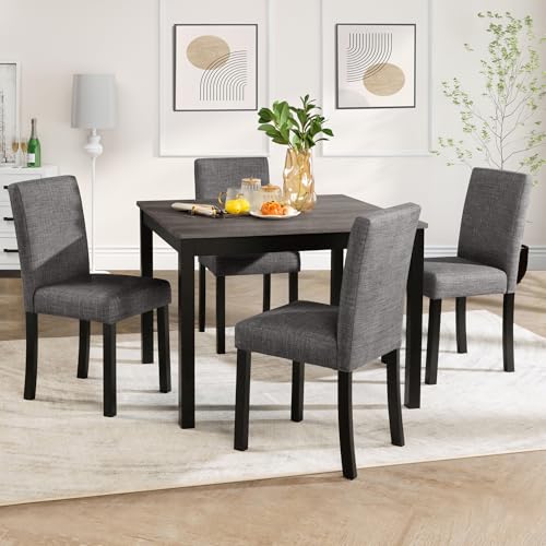 Image of KEIKI 5-Piece Standard Height Dining Table Set with Square Table and 4 Upholstered Curved Backrset Chair, for 4 Person, Modern Wooden Table Set, Easy Assembly, for Kitchen, Dining Room, Black+Gray
