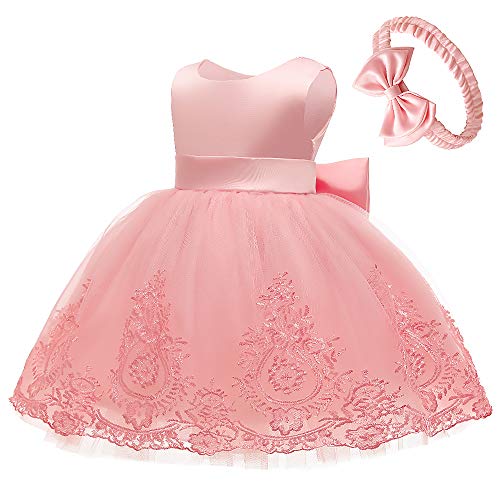 Image of CMMCHAAH 0-6T Baby Girls Pageant Lace Embroidery Dresses Toddler Party Bowknot Tutu Gown Dress with Headwear