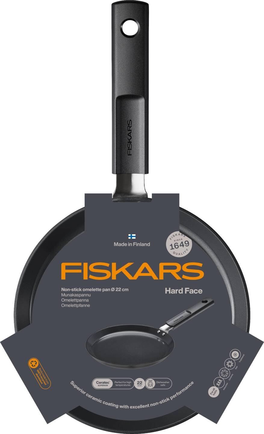 Fiskars Padella per Omelette, Hard Face, Diametro 22 cm, Adatta a Tutti i Piani Cottura, Rivestimento Antiaderente, Resistente ai Graffi, Alluminio/Plastica, Nero, 1075522