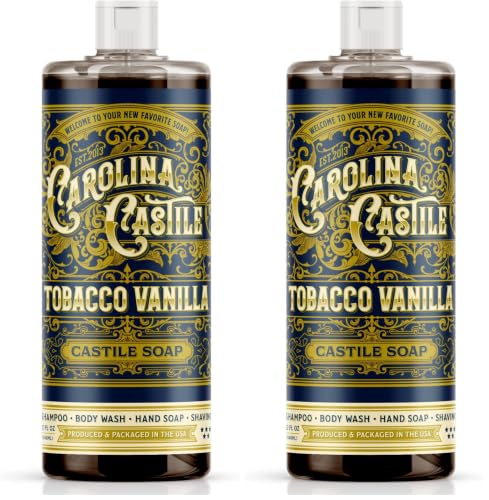 Image of Castile Liquid Body Wash for Sensitive Skin - Natural Shampoo for Men with Olive Oil, Cocoa Butter & Coconut Oil - Tobacco Vanilla by Carolina Castile (Tobacco Vanilla, 32 Fl Oz) (Pack of 2)