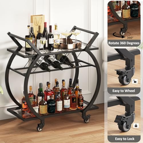 Image of LVB Bar Cart with Glass, Black Bar Cart with Wheels, Home Bar Serving Cart | 2 Tier Glass Shelves Bar Cart with Storage, Wine Cart with Wine Rack, Liquor Cart for Kitchen, Bar, Dinning Room
