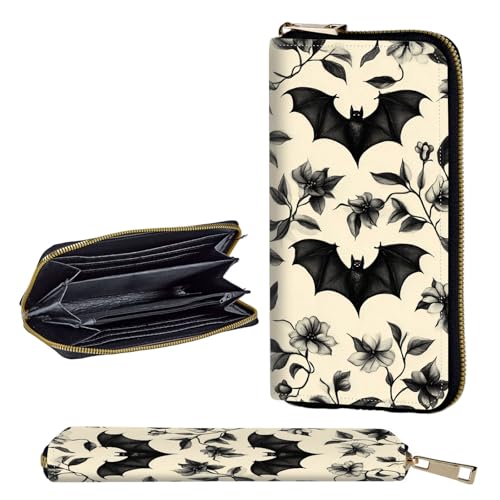 Wallet,Leather Long Wallet Suitable For Ladies And Teenagers - Detachable Wristband + RFID Travel Wallet With Card Slot - Floral Bats Pattern
