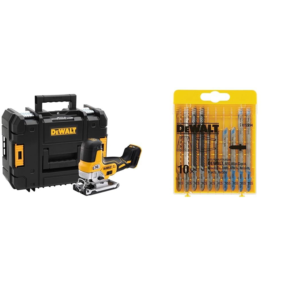 Dewalt DCS335NT-XJ Akku-Stichsaege, 18 V (Basisversion ohne Akku und Ladegerät) + HCS Stichsägeblatt-Set, 10 Stück (für Holz und Metall) DT2294