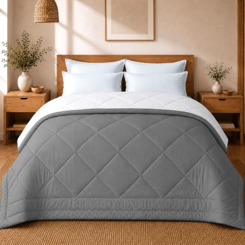 Image of King Size Comforter for Double Bed, 220 GSM Soft Microfiber AC Blanket, All Season Lightweight Reversible Bed Quilt, Premium Bedding, 90 x 100 Inch, Grey-Light Grey
