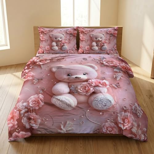 Image of Teddy 7D Printed Bedsheet for Double Bed | Glace Cotton 7D Digital Print | 90x100 Inch (228x254 cm) | 1 Bedsheet + 2 Pillow Covers | Soft, Breathable & Vibrant Colour Bedding Set