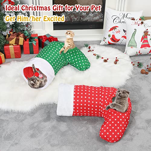 Image of Pawaboo Cat Tunnel Christmas Sock with Bell Balls, Upgraded 2 Way Cat Tunnel Interactive Toy for Christmas, Pet Xmas Stocking with Crinkle Paper & Strong Spring-Steel Frame for Cat Kitten Kitty, Red