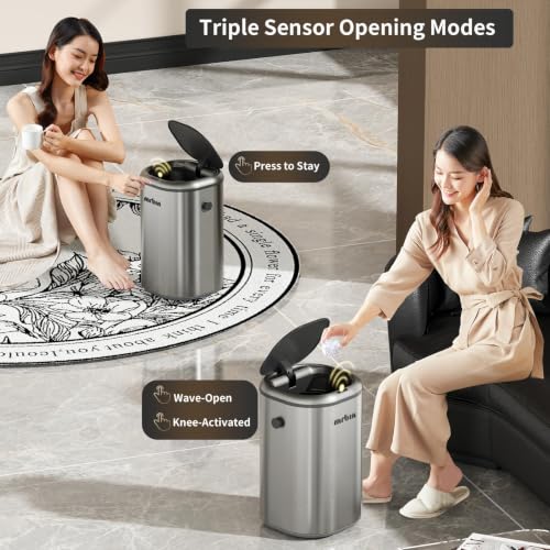 Image of MRBIN Stainless Steel Motion Sensor Tall Bathroom Trash Can with Lid, 5 Gallon Automatic Kitchen Garbage Pail, Electric Covered Silver Metal Waste Basket for Bedroom, Rv, Restroom, Eclipse Grey