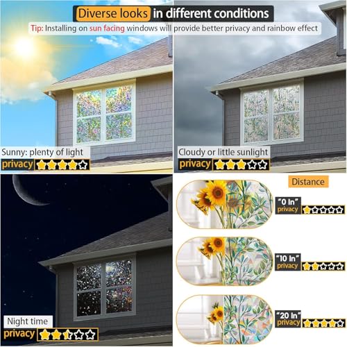 Image of Rainbow Privacy Film with Cutting Line, 3D Decals Stained Glass Window Clings, Static Cling Window Sticker, Suncatcher, 17.5 inch x 78.74 inch