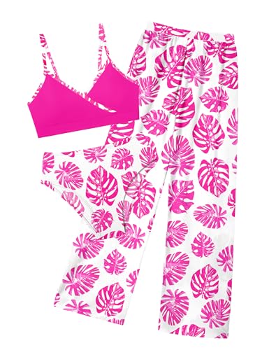 Image of Oranchids Girls Swimsuit Girl Bathing Suit Size 8-10 3 Piece Tropical Print V Neck Bikini Set with Cover Up Pants Bathing Suits for Girls Size 10 Swimsuit Hot Pink Size 9-10