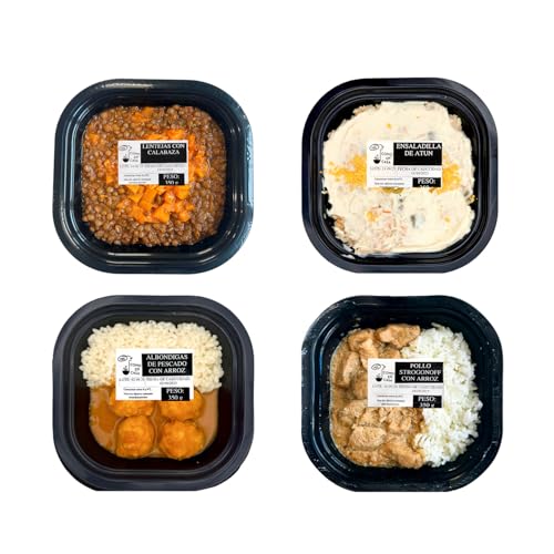 PIDE COMO EN CASA, Platos Preparados Listos para Comer, Lentejas con Calabaza, Ensaladilla de Atún, Albóndigas de Merluza en Salsa Marinera con Arroz, Pollo Strogonoff con Arroz, Pack 4 x 350 g