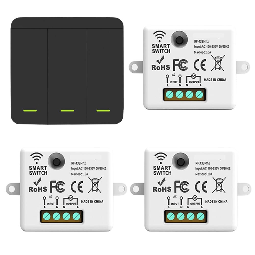 Funkschalter Set 230V, Kabelloser Funklichtschalter mit Empfänger, 433 MHz Reichweite bis 50m, Keine Verkabelung Erforderlich, Funktaster für Lampe (3 receivers and 1 switch)