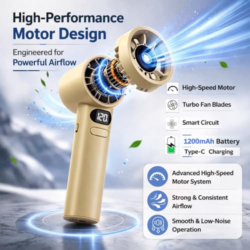Image of One94Store Handheld Rechargeable Fan, Portable Mini Electric Fan with 1200mAh Battery, 120 Speed Levels with Long-Press Speed Control, Personal Fan for Travel, Office & Home, Blaze Gold