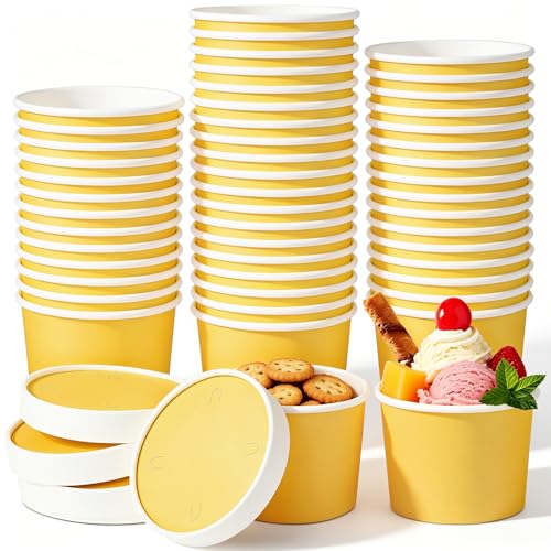 Image of Ruisita 50 Pack Disposable Bowls with Lids 8 oz Paper Cups Ice Cream Containers with Lids Leak-proof Soup Bowls Dessert Sundae Cups Cold or Hot Food for Birthday Picnic School Party Supplies, Yellow