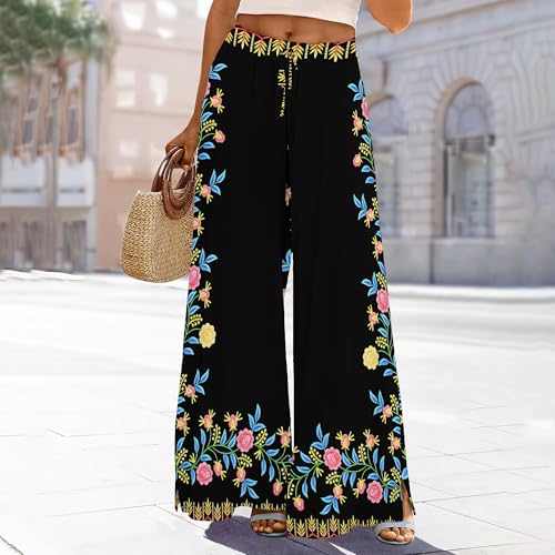 Women's Wide Leg Palazzo Pants High Waisted Flowy Pockets Trendy Casual Lounge Boho Beach Trousers with Pockets2