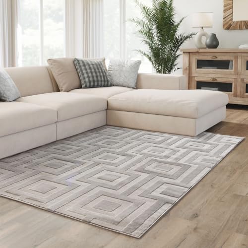 Interiyou Tapis Salon à Poils Courts Cannes - 160x230 Gris - Motif bohème scandinave avec Effet...
