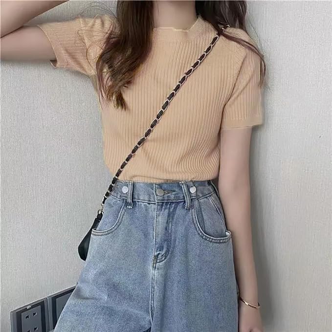 Image of Typical Fashion Women's Ribbed Knit Slim Fit Top - Short Sleeve, Round Neck, Stretchable Stylish T-Shirt for Casual & Formal Wear
