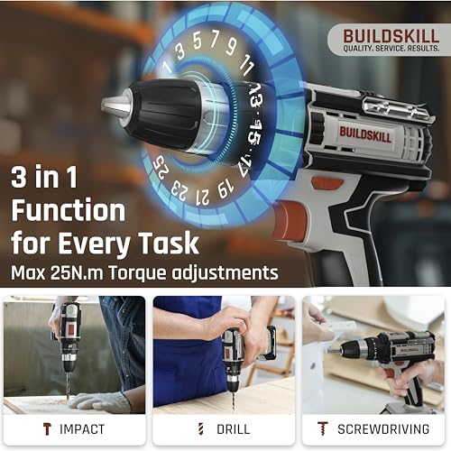Image of BUILDSKILL 21V Cordless Drill Machine for Home Use | Impact Drill with 10MM Keyless Chuck | 1.5 Ah Single Battery | Charger | Variable Speed | LED Light | Forward & Reverse Motion | 6 Months Warranty