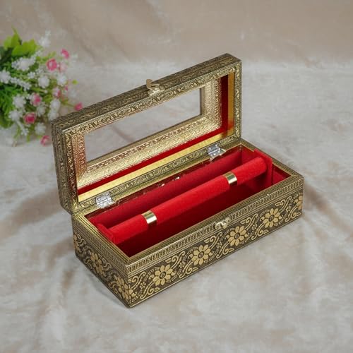 Image of TRENDWAGON Antique Gold Bangle Box with Glass Lid - 11 Inch Wooden Oxidized Jewellery Organizer - Decorative 1-Rod Chudi Case /Kangan Storage Holder for Wedding & Bridal Gift (Gold Floral)