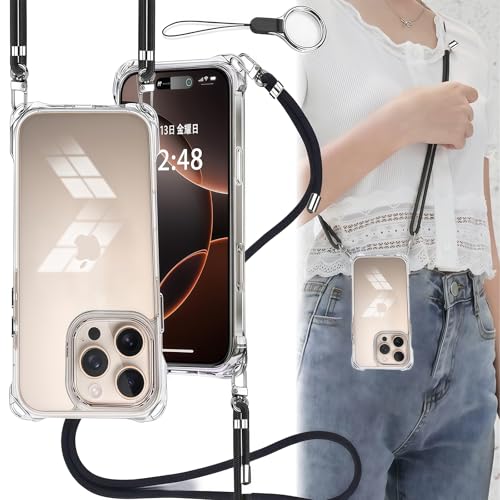 OJBSEN iPhone 16 Pro Max 用 ケース アイフォン16プロマックスケースショルダー【ストラップ2枚付き】肩がけ 首掛け 紐付き 斜めがけ スマホケース いphone16pro max 薄型 透明 軽量 シリコン TPU バンパー スト