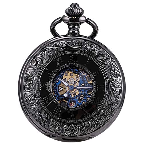 Image of ManChDa Mechanical Roman Numerals Dial Skeleton Pocket Watches with Box and Chains for Mens Women