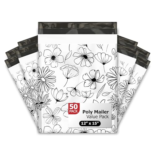 12x15 (50) Black and White Floral Designer Poly Mailers Shipping Envelopes Premium Printed Bags