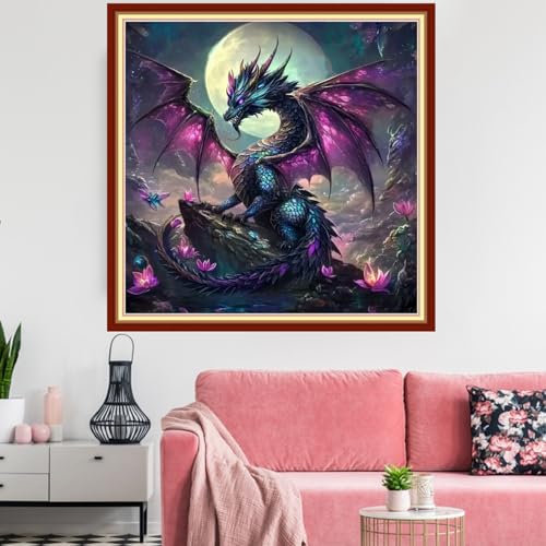Image of Redxing Stamped Cross Stitch Kits Embroidery kit for Beginners Adults Full Range of Embroidery Patterns Starter Kits DIY Printed Cross Stitch Kits Needlepoint Kits 11CT-Moon Dragon 18x18 inchs