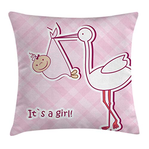 Lunarable Party Throw Pillow Cushion Cover, Its a Girl Arrival Congratulations Pink Stork Pattern, Decorative Square Accent Pillow Case, 36