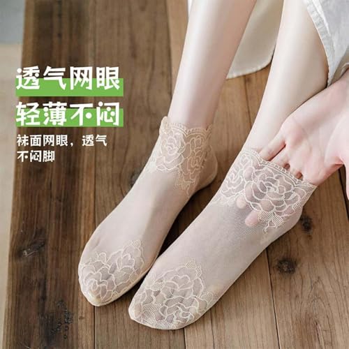 3 Pairs - Women's Lace Summer Thin Boat Socks with Pure Cotton Sole and Anti Slip Invisible Short Socks-White-Big Rose Lace4