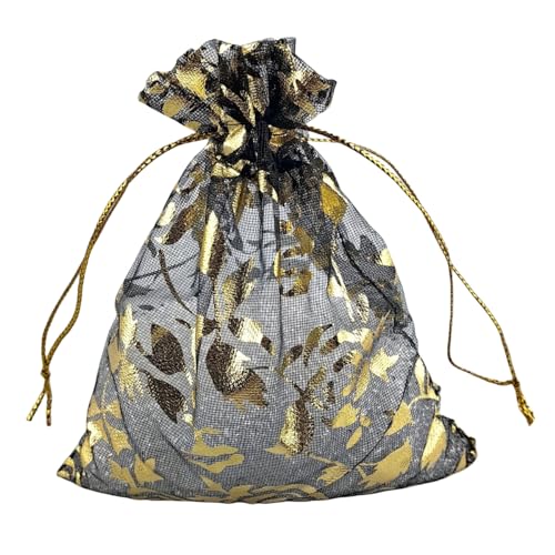 Image of QIANHAILIZZ 100 pcs 3.5 x 4.7 Inch Flower Heart Organza Jewelry Gift Pouch Candy Pouch Drawstring Wedding Favor Bags X92 (black gold flower)