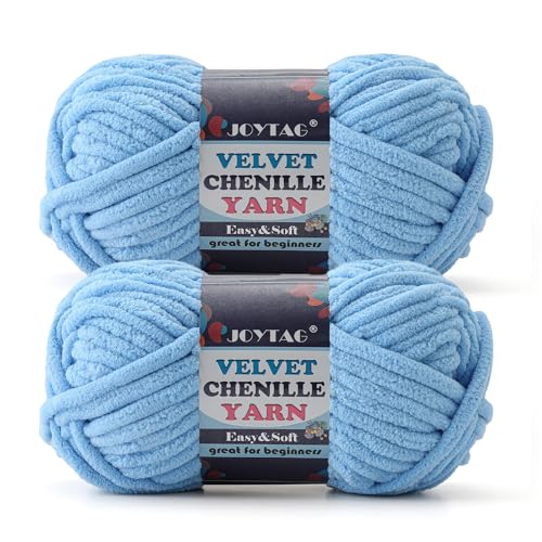 Image of 2 Pack Chunky Chenille Yarn for Crocheting and Knitting Beginners,Thick Bulky Plush Fluffy Velvet Soft Baby Blanket Crochet Chenille Yarn for Crocheting Blankets /Amigurumi /DIY Crafts(Sky Blue