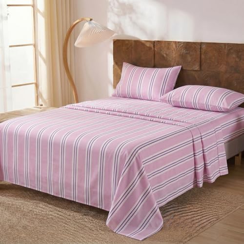 Image of Merryword 100% Cotton Sheet Set Queen Size, Purple Stripes Bedding, Soft Breathable Percale Weave, Modern Minimalist, Luxury Linen Like, Deep Pocket Fitted Sheet 17.5 inch