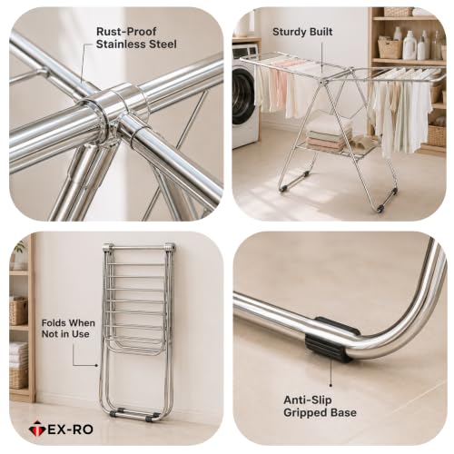 Image of TEX-RO Butterfly Clothes Drying Stand Foldable | Mild Steel Cloth Dryer Stand with Large Drying Rack | Clothes Hanging Stand for Indoor & Outdoor Use | Heavy Duty Cloth Stand for Drying Clothes