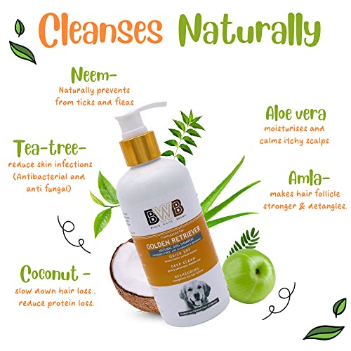 Image of BWB Natural Dog Shampoo for Golden Retriever .PARABEN Free+Alcohol Free+pH Balance with Conditioner & Moisturiser and Added Alovera,NEEM,Coconut & Amla extracts (300 ML + DEOSPRAY)