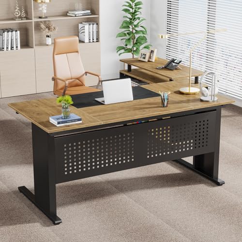 Image of Tribesigns 63 Inch Executive Desk with File Cabinet, Large Office Desk L Shaped Computer Desk with Drawers and Storage Shelves, Business Furniture Desk for Home Office, Wood Color and Black