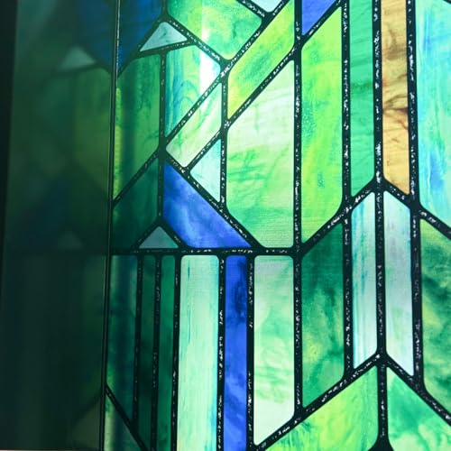 ChicSkin Original Hand Drawn Faux Stained Glass Window Film, Double-Sided Translucent Static Film, Cool Aqua Green Geometry Patterns Inspired by Hollyhock House 11.02