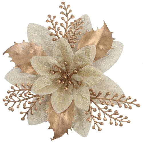 24 Pcs 6 Gold Poinsettia Flower for Christmas Tree Decorations - Artificial Flowers for Christmas Tree Ornaments with Clips and Stem Christmas Decorations for Wreath Mantel & Home Christmas Decor