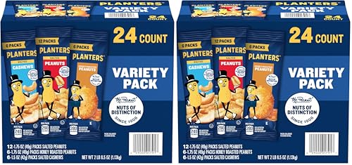 Image of PLANTERS Peanuts & Cashews Variety Pack, 40.5 oz, Includes 12 packages Honey Roasted Peanuts (1.75 oz each), 12 packages Salted Peanuts (1.75 oz each), and 12 packages Salted Cashews (1.5 oz each)