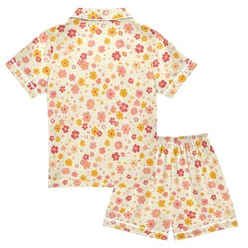 Orange Small Flowers Cute Print Summer Satin Pajama Set, Cute Button-Down Sleepwear Pj Set for Sleep Wears2