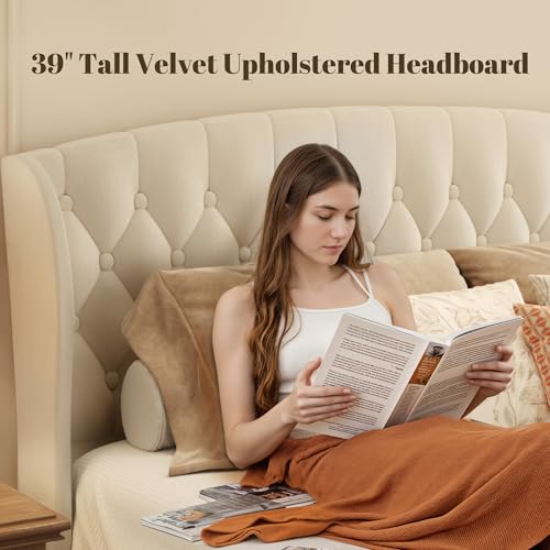 HISOFT Queen Velvet Sleigh Bed Frame - No Box Spring Needed - Image 4