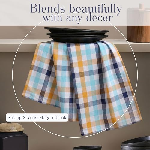 Image of Checked Kitchen Dish Towels 12 Pack Combo, 18 inchx26 inch, Quick Dry Wash Rags, Reusable Dishcloths, Absorbent Hand Towel - Mint Green, Water Green, Indigo Blue, Mustard Yellow, Brown, Beige