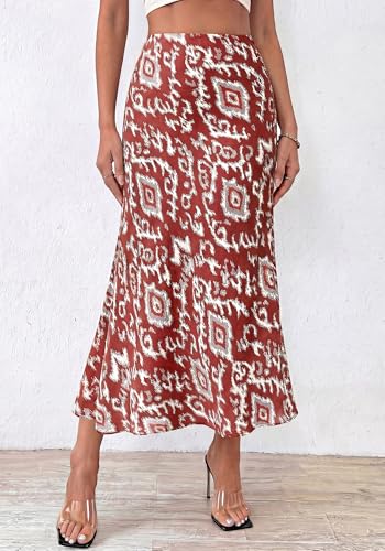 Image of BTFBM Satin Skirts for Women Trendy 2026 Summer Fall | High Waisted A-Line Leopard Print,Floral Print, Business Casual,Cocktail,Wedding Guest,Long Silk Midi Skirt