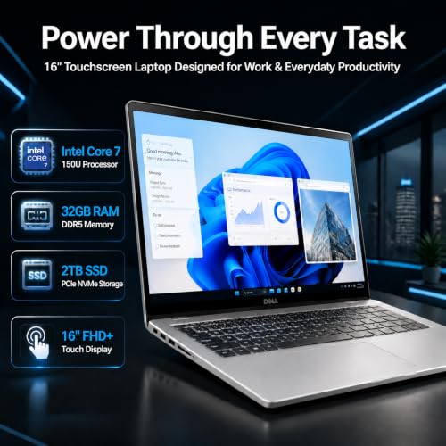 Image of Dell 16 DC16251 Touchscreen Laptop, Intel 10-Core Core 7 150U (Up to 5.4 GHz), 16 inch FHD+ IPS 300 Nits Display, 32 GB DDR5 RAM, 2 TB SSD, Copilot AI, Fingerprint, Backlit KB, Wi-Fi 6E, Windows 11 Pro