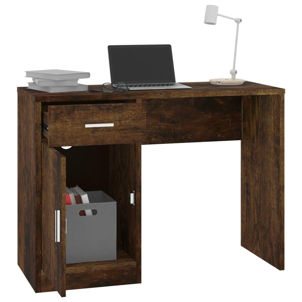 Schreibtisch Räuchereiche mit Stauraum 100x40x73 cm, Holzwerkstoff, Schublade und Schrank, kompakter Computer- und Home Office Tisch für kleine Räume und Büroorganisation