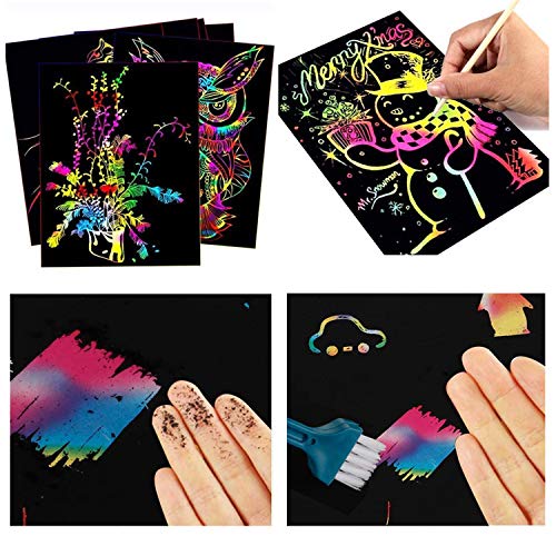 SIMEIXI Scratch Art Paper Set, 100 stuks kraspappers, 10 houten potloden, 4 sjabloonlinialen, 1 stofdichte borstel, 1… - Image 8