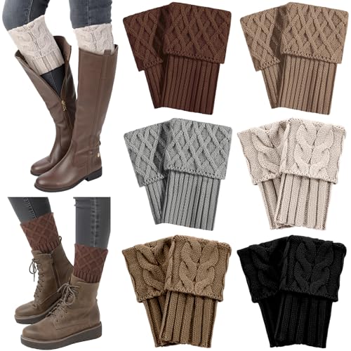 Geyoga 6 Pairs Women Boot Cuffs Toppers Knitted Leg Ankle Warmers for Rain Boots Wet Season Gifts(Neutral Tones Elegant)
