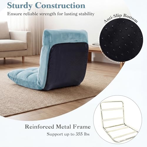 Image of Giantex Folding Floor Chair with Back Support, 14 Adjustable Position, Padded Sleeper Bed, Couch Recliner, Gaming Video Chairs for Adults, Meditation, Living Room (Lake Blue)